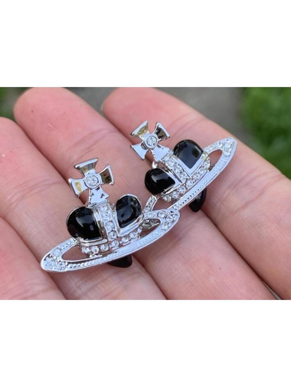 Vivienne Westwood Diamante Black Heart Orb Earrings Silver Studs Earring new